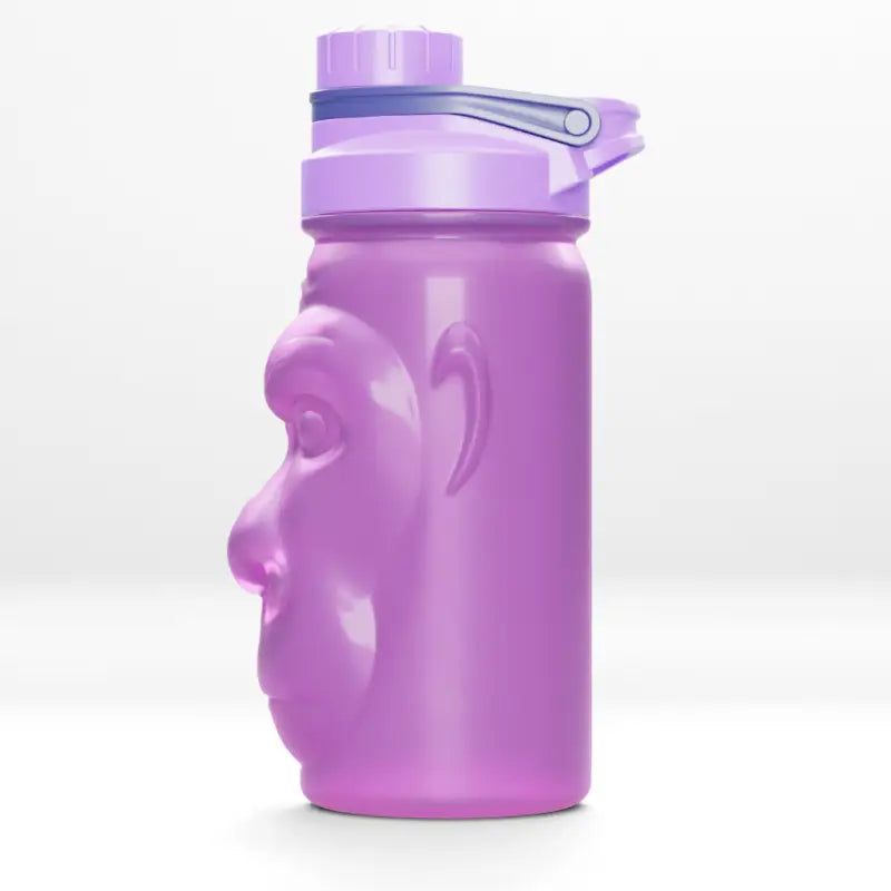 Purple water bottle with a face from Harambe Shaker Bottles, a fun shaker bottle for all