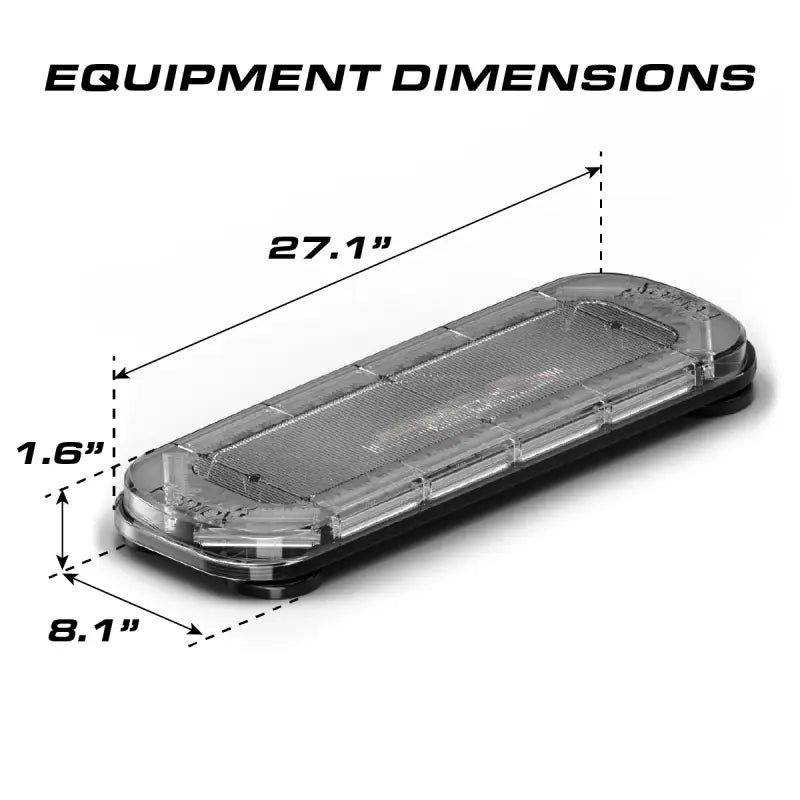 Rectangular Feniex Quantum 2.0 27-inch mini light bar with dimensions for emergency vehicles