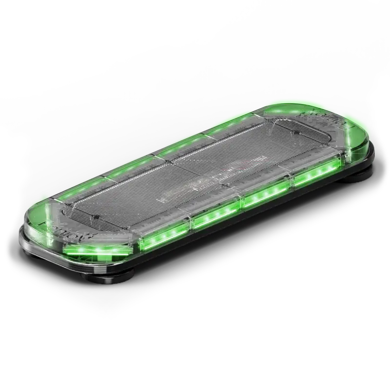 Rectangular green illuminated Feniex Quantum 2.0 27’’ mini light bar for emergency use