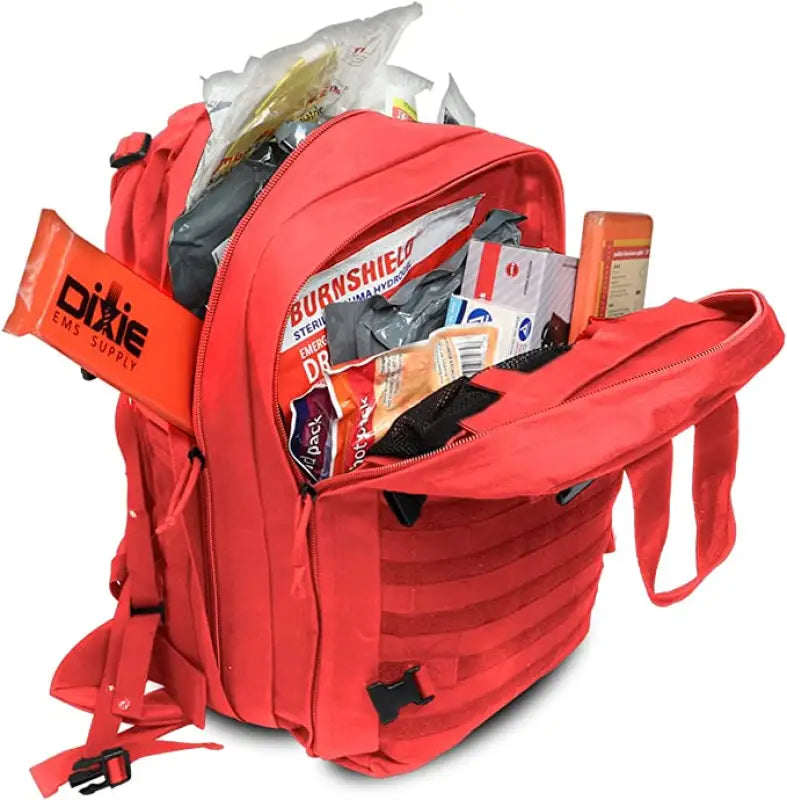 Red first aid backpack from Deluxe Tactical Medical Kit for first responders and firefighters