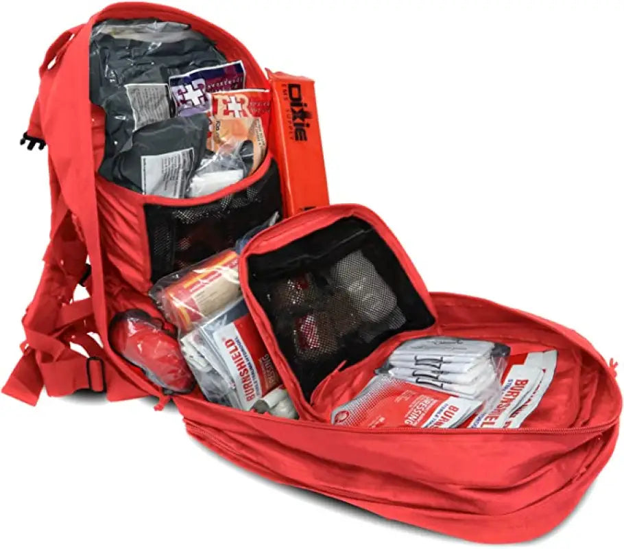 Red first aid backpack from Deluxe Tactical Medical Kit for first responders, firefighters, police