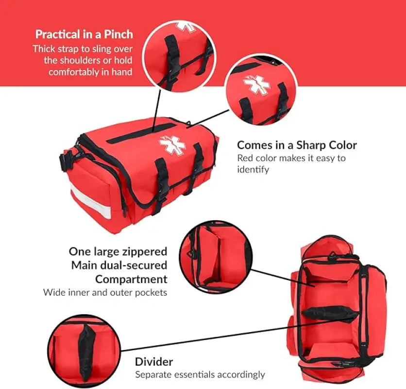 Red first aid bag with compartments for first responders firefighters and police emergency use