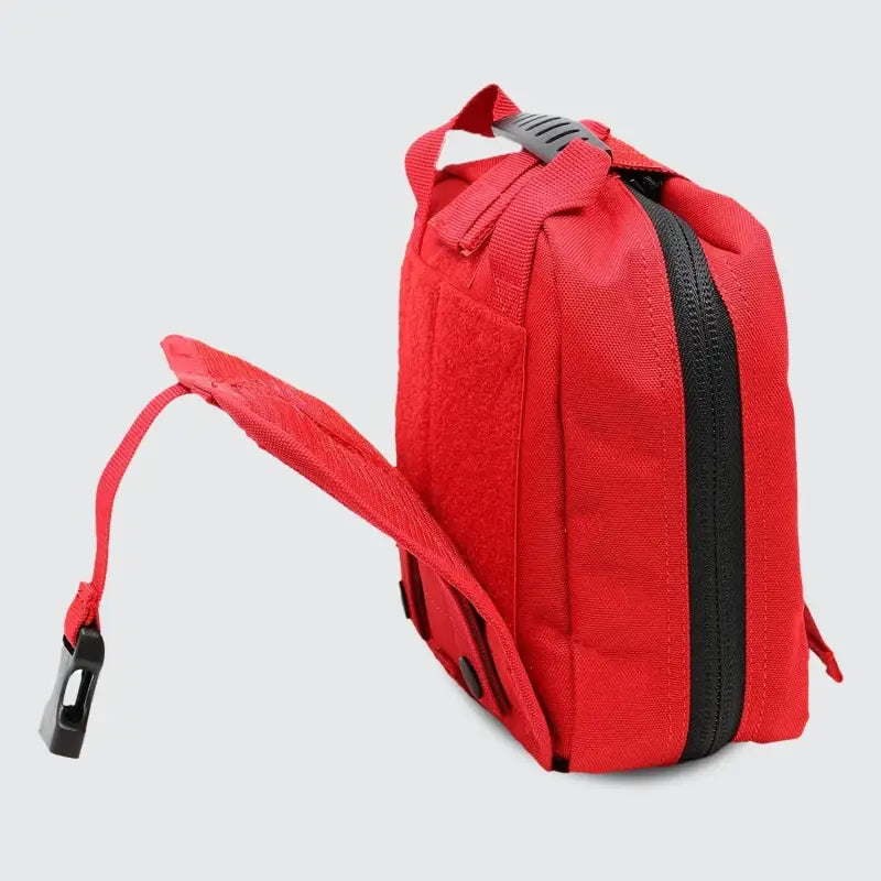 Red first aid kit with black zipper for first responders, firefighters, and police use