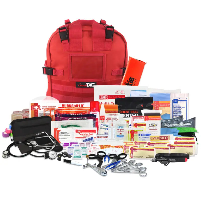 Red First Aid Kit with Medical Supplies for First Responders, Firefighter, and Police
