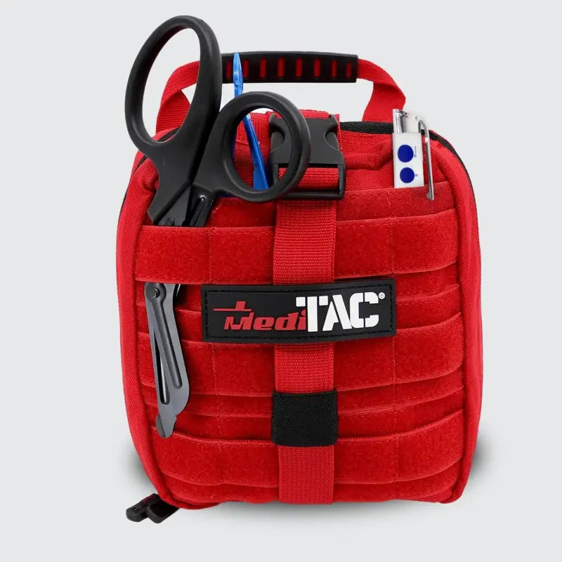 Red first aid kit with tools for First Responders, Firefighter, and Police trauma needs