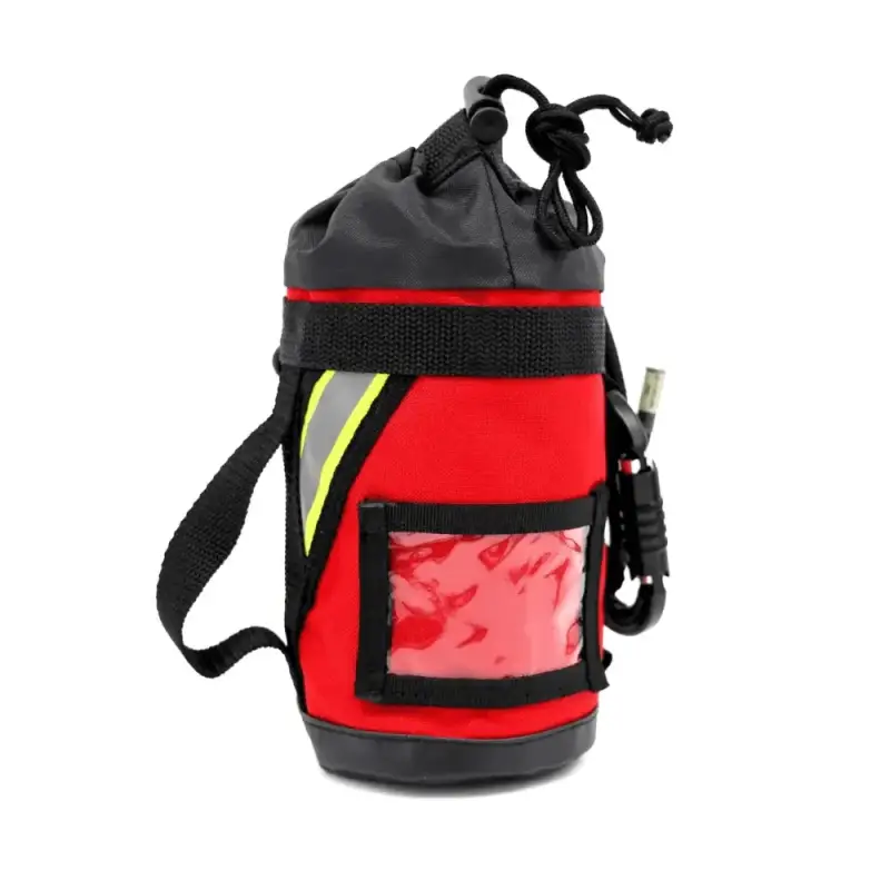Red and black cylindrical drawstring bottle holder for Personal Rope + Bailout Kit