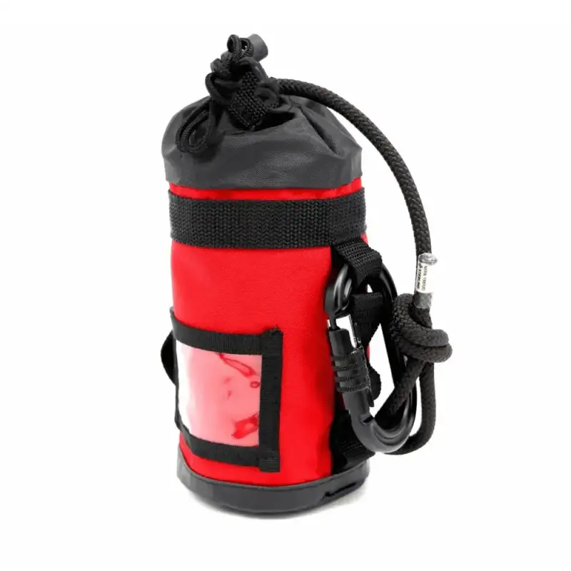 Red and black cylindrical water bottle holder in Personal Rope + Bailout Kit with strap