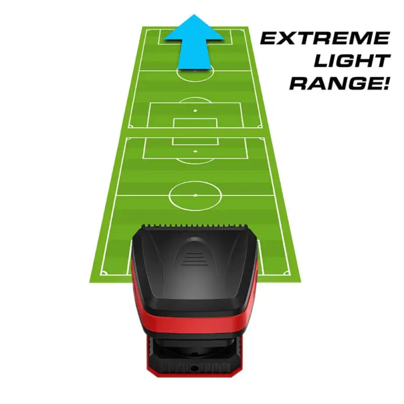 Red and black robotic lawnmower with Feniex Remote Spot Light for enhanced visibility
