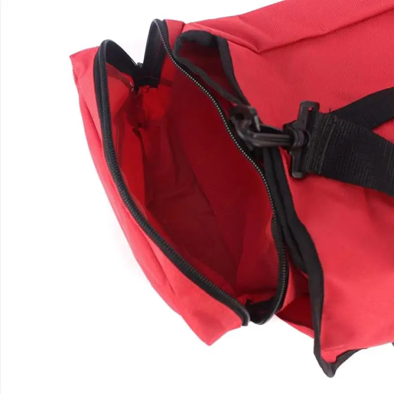 Red duffel bag with open pocket from Fully Stocked EMT Trauma Kit for first responders