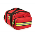 Red emergency medical bag with reflective stripes for EMS trauma essentials and organization
