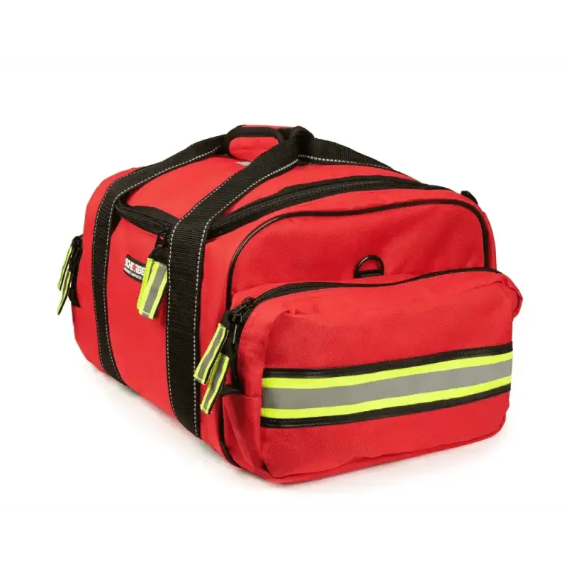 Red emergency medical bag with reflective stripes for EMS trauma essentials and organization