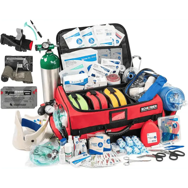 Red emergency medical response bag in Scherber Ultimate First Responder Trauma Kit O2