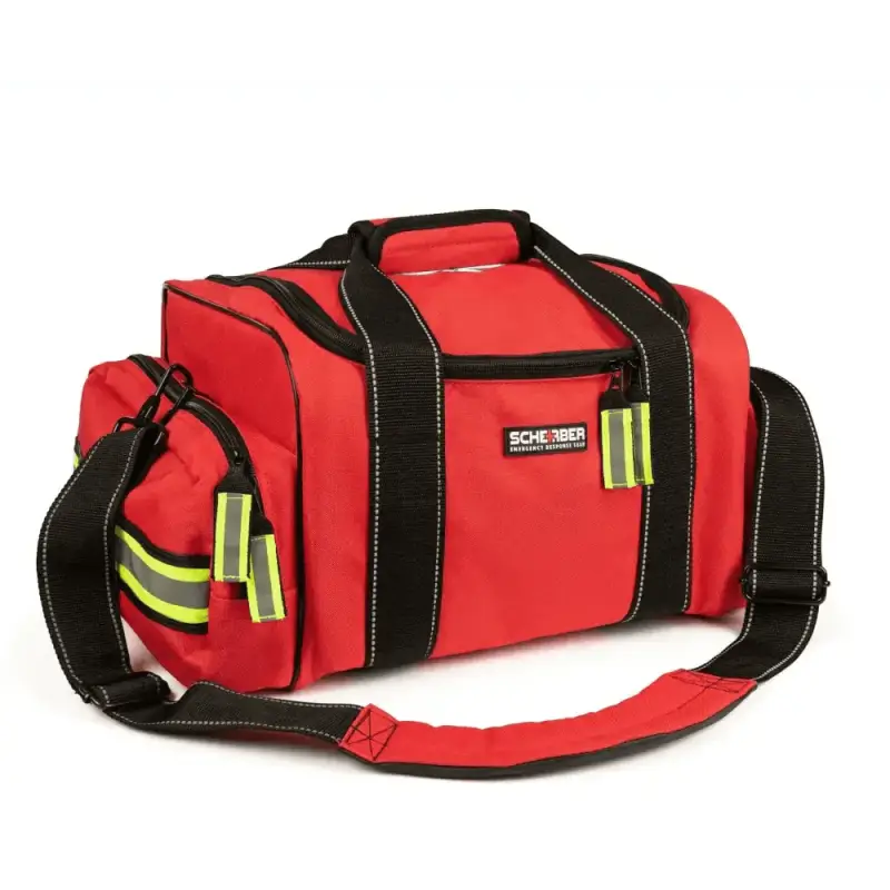Red Scherber First Responder Bag with black straps and reflective strips for EMT EMS trauma