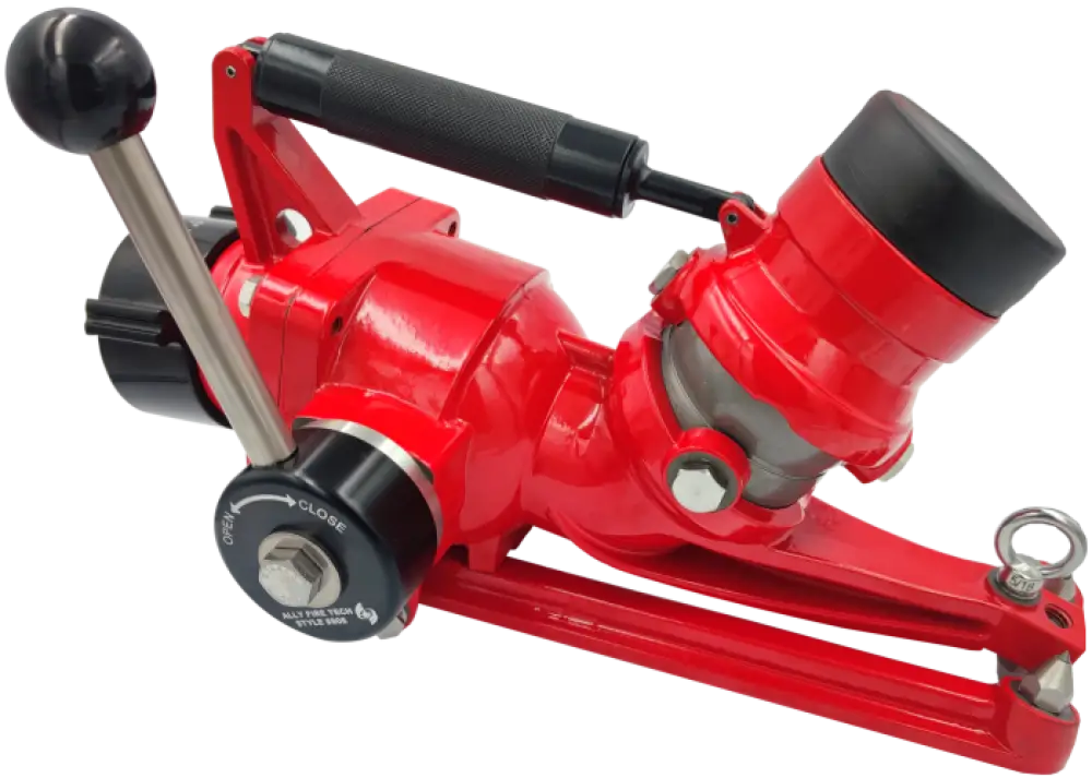 Red fire hose nozzle with black handle for Portable Monitor 500GPM