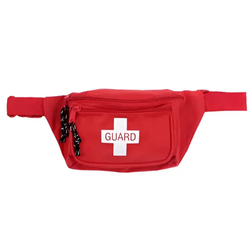 Red lifeguard fanny pack with infant CPR masks for emergency rescue situations