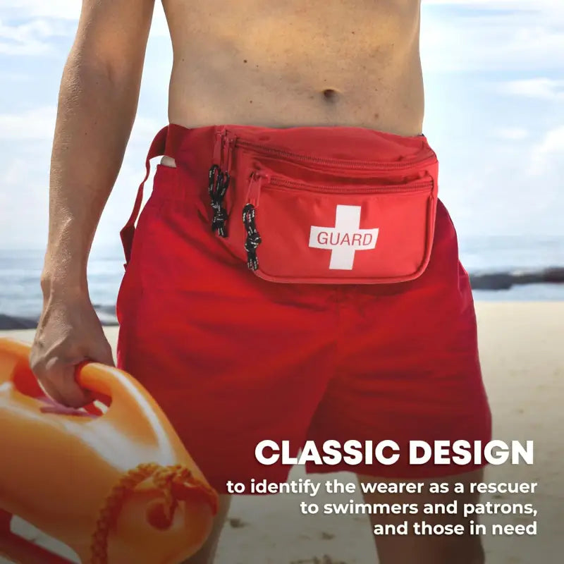 Red lifeguard fanny pack from Fully Stocked First Aid Waist Kit for first responders