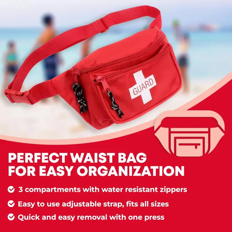 Red lifeguard fanny pack from Fully Stocked First Aid Waist Kit for first responders and firefighters