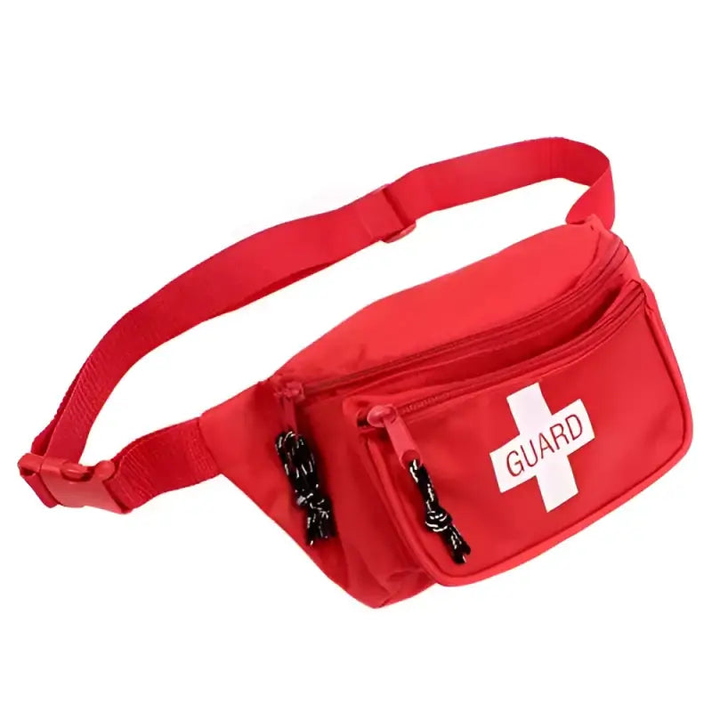 Red lifeguard fanny pack with adult and infant CPR masks for easy access to infant CPR masks
