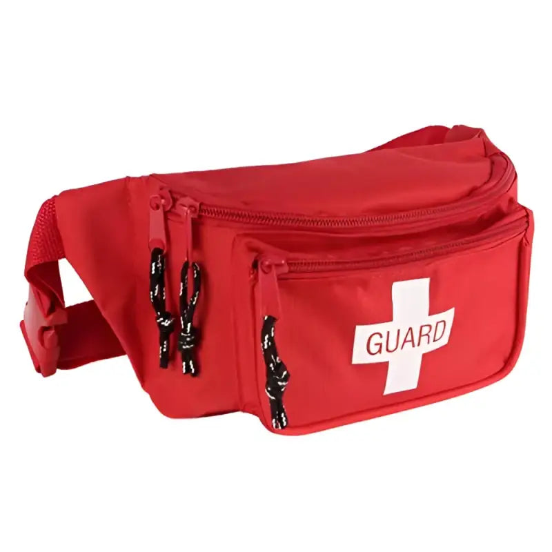 Red lifeguard fanny pack with infant CPR masks for quick emergency response