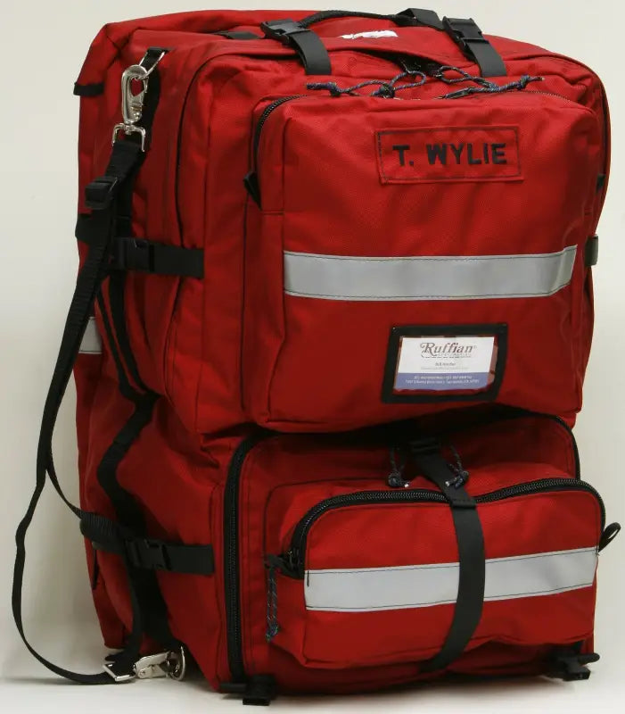 Red medical backpack made of ballistic nylon with ample storage space for first responders