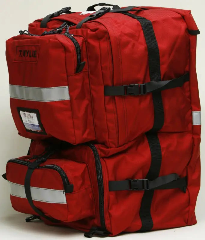 Red medical backpack with black straps made of ballistic nylon, ideal for first responders storage space