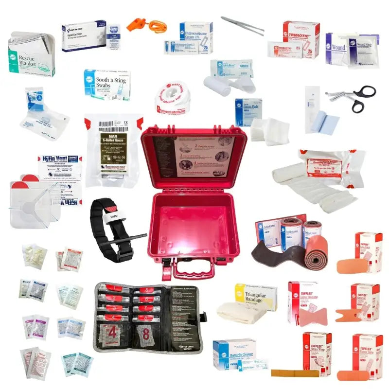 Red plastic first aid kit with rolled gauze and supplies for a bleeding control kit