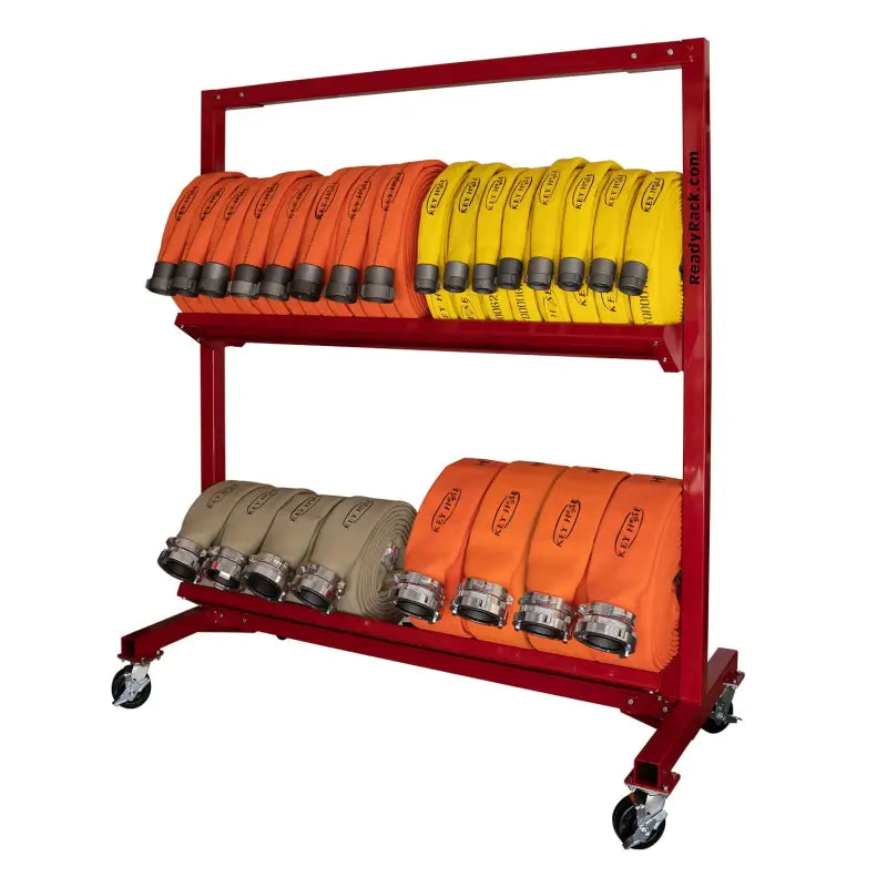 Red mobile hose cart with fire hoses for efficient firefighting equipment storage