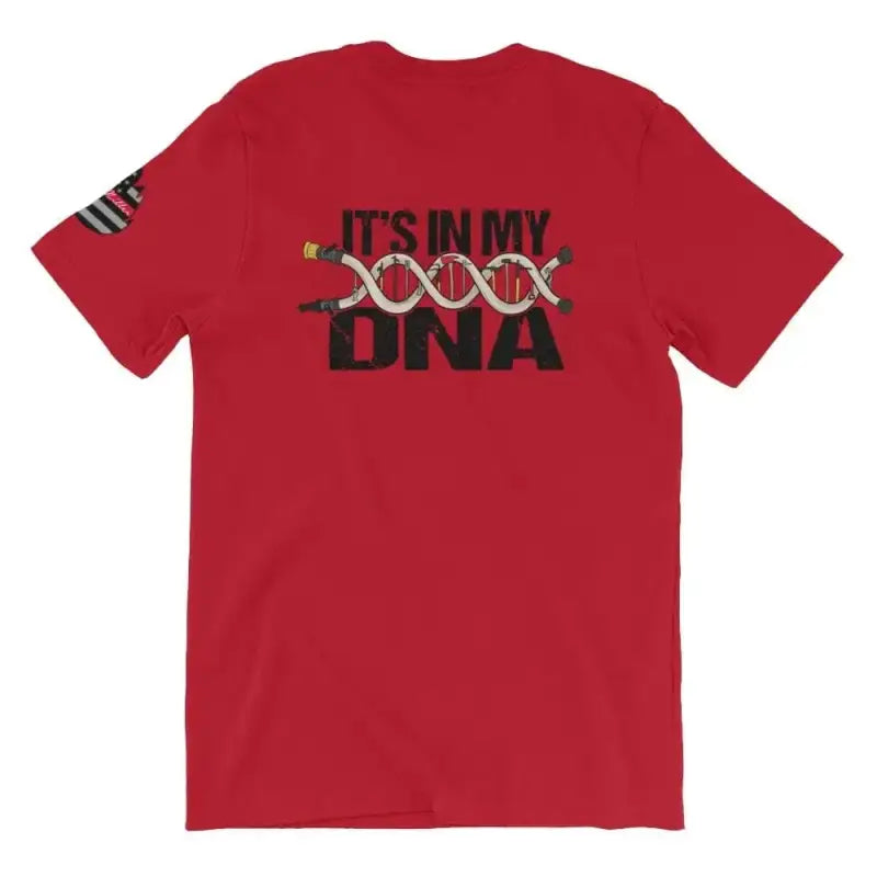 Red short sleeve t-shirt with IT’S IN MY DNA text and DNA helix graphic design