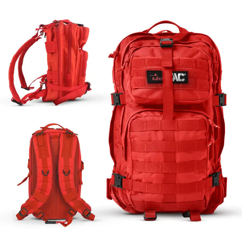Red tactical backpack shown with Tactical Trauma Kit for emergency trauma response