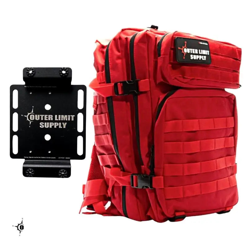 Red all-terrain tactical backpack with MOLLE webbing for a bleeding control kit