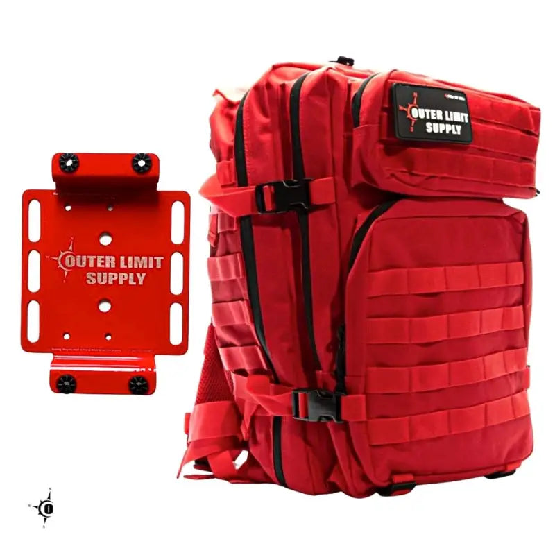 Red tactical backpack with MOLLE webbing for bleeding control kit and all-terrain use