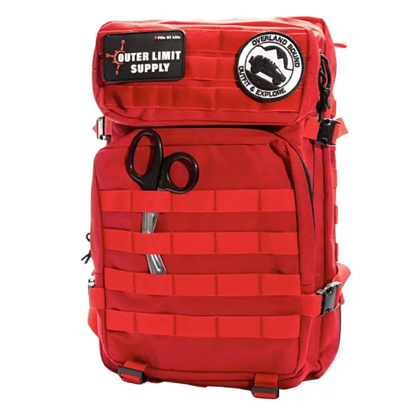 Red tactical backpack with MOLLE webbing for Overland Bound 3-IN-1 First Aid Kit