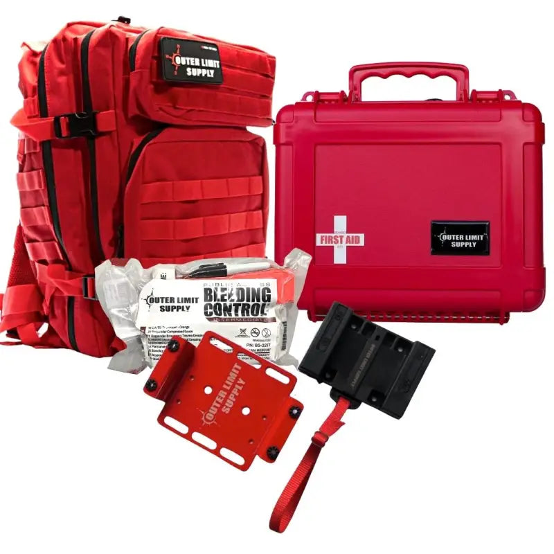 Red tactical medical response backpack with bleeding control kit and rolled gauze supplies