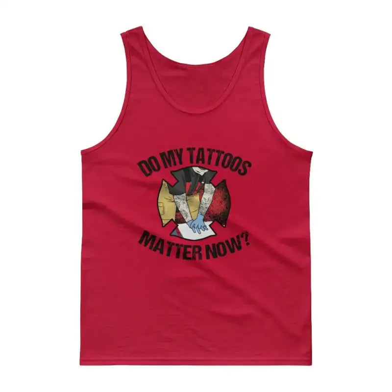 Red firefighter tank top with tattoo graphic, perfect for those who believe tattoos matter in jersey knit style