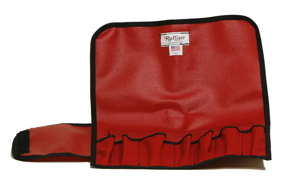 Red firefighter turnout tool roll with black trim, designed for firefighter turnout and turnout tools