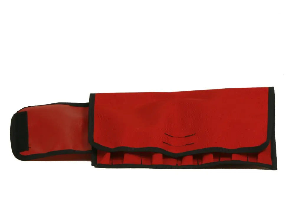 Red firefighter turnout tool roll with black trim for storing turnout tools and firefighter turnout equipment