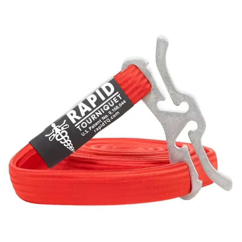 Red tourniquet with metal tightening device for first responders firefighting police emergency use