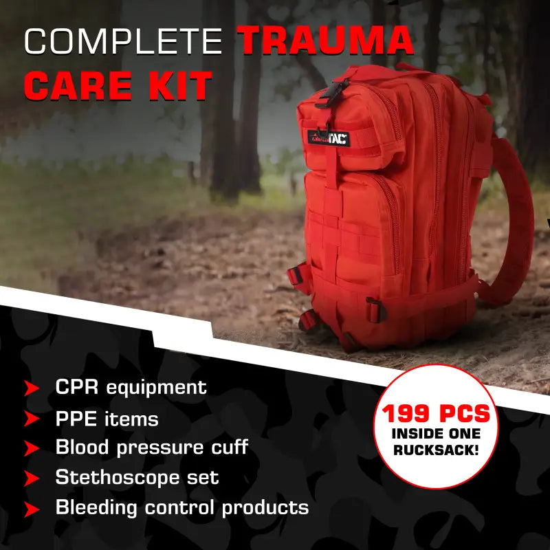 Red trauma backpack from Tactical Trauma Kit with Rucksack for emergency medical response