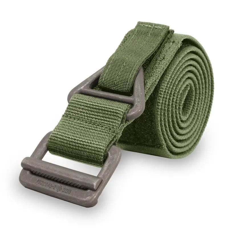 Olive green nylon tactical riggers belt with a durable plastic buckle for rescue operations