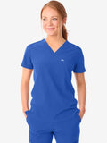 Royal blue women’s tuckable one-pocket scrub top with v-neck and short sleeves