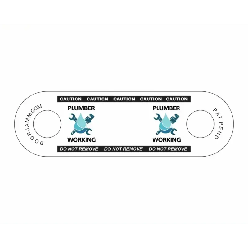 Safety warning tag for Plumber DoorJamm with plumber icons and working text
