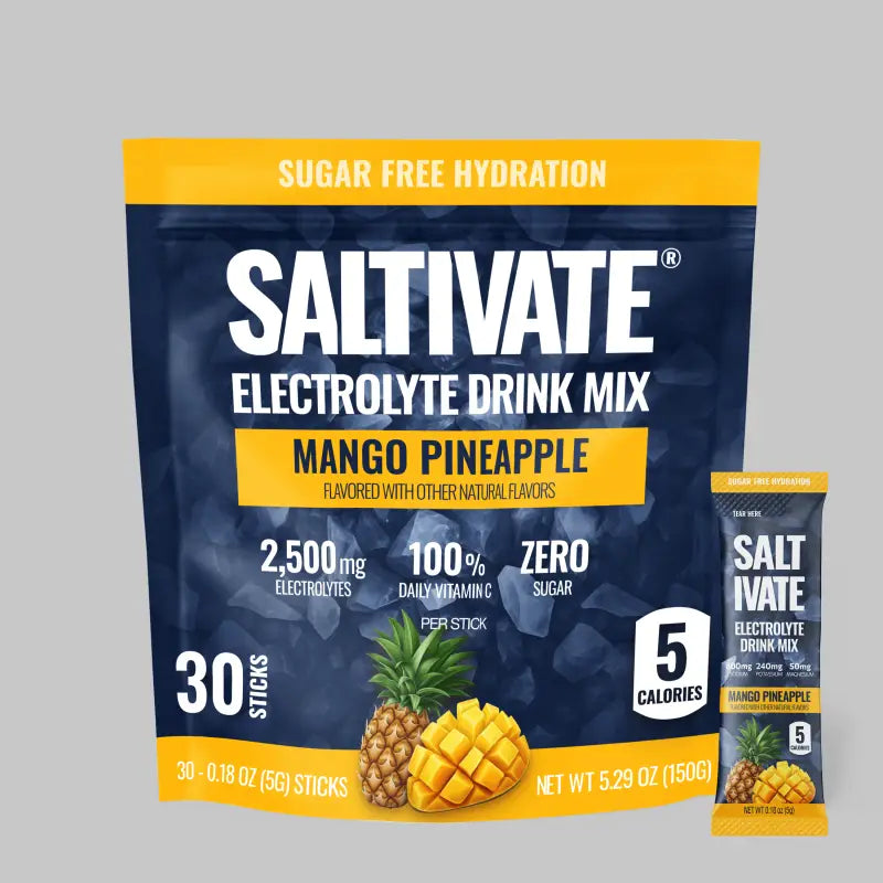 Saltivate Mango Pineapple electrolyte drink mix in stick packs for hydration