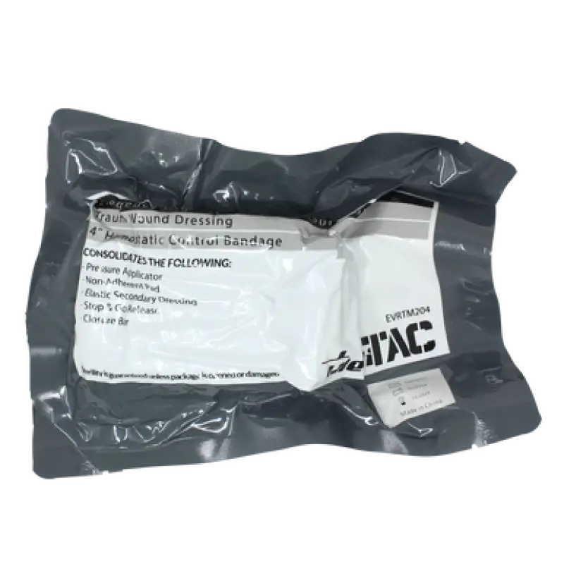 Sealed hemostatic control bandage from Intermediate Bleeding Control Pack for first responders