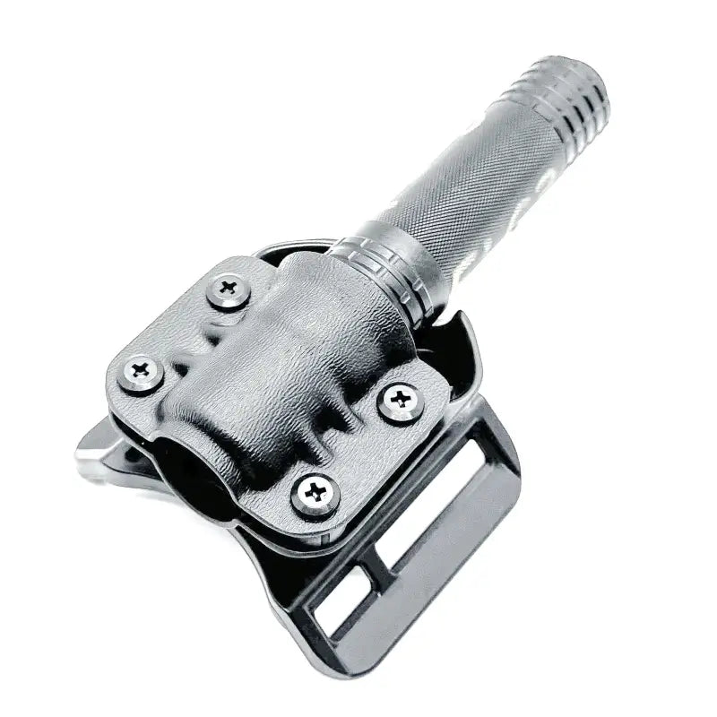 Silver flashlight in a black holster with belt attachments for USB-558XL and USB-588XL