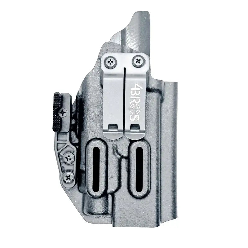 Silver gun holster for Glock 17 with Streamlight TLR-7, light mounted, IWB holster retention