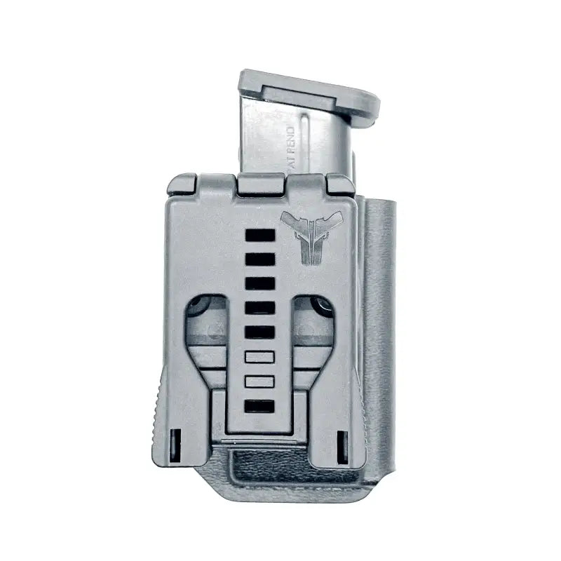 Silver magazine holster from Four Brothers Holsters with adjustable retention for Shield Arms S15