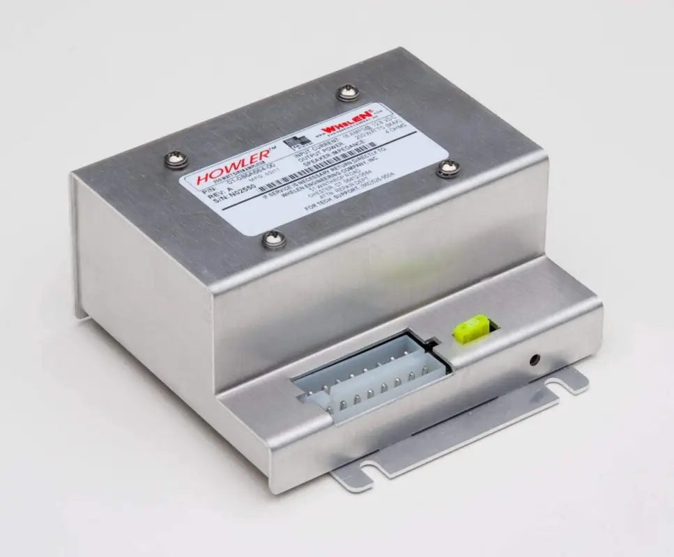 Silver metal electronic device from Whelen Howler Low-Frequency Siren Set for first responders