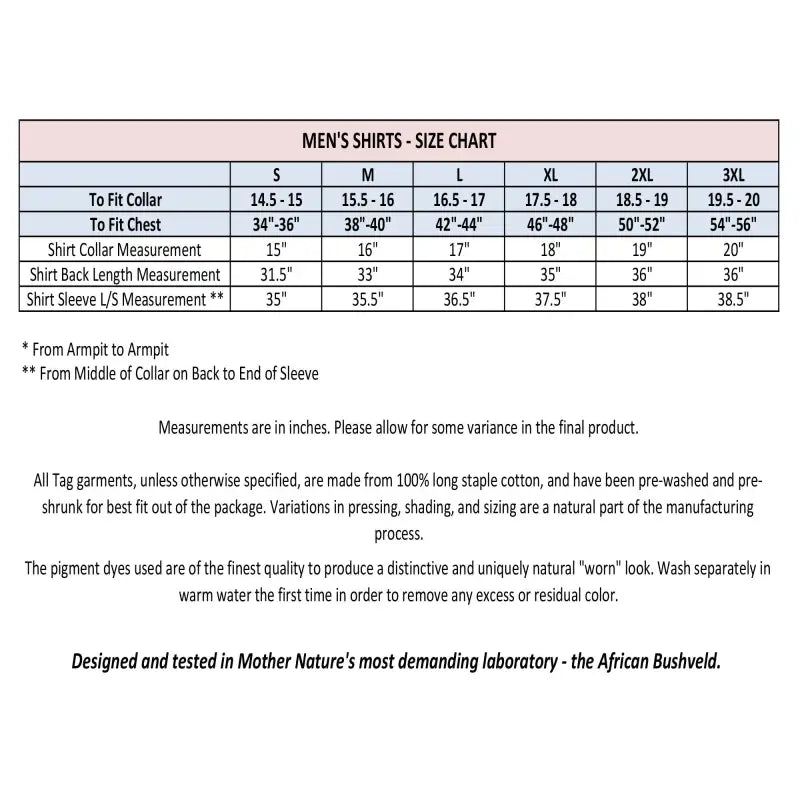 Size chart for Adventure Safari Shirt showing measurements for men’s sizes S to 3XL