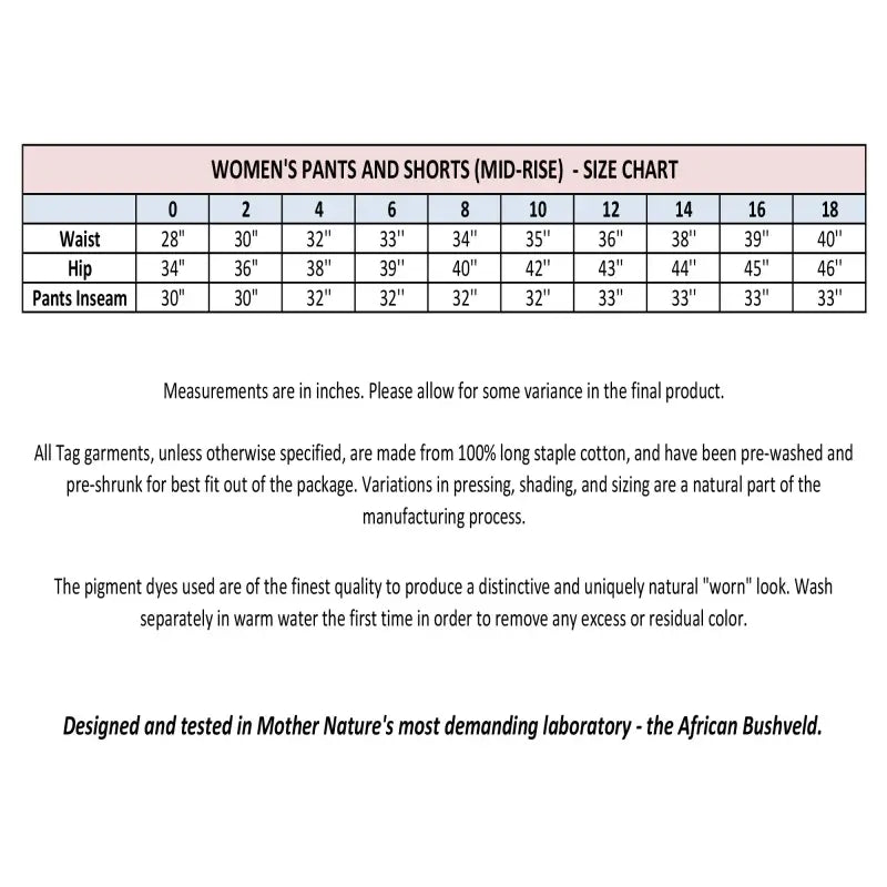 Size chart for Professional Hunter Shorts, mid-rise women’s pants and shorts measurements