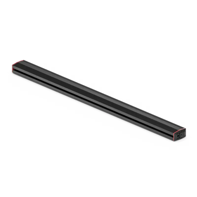 Sleek black soundbar with red accents for Feniex Fusion-S 600 Stick Light, ideal for first responders and firefighters